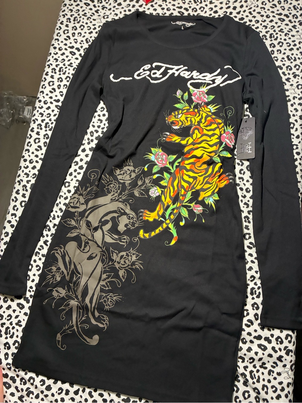 Ed Hardy Black Long-Sleeve Tiger & Floral Dress